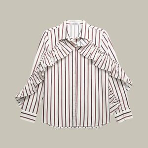 PIXIE MARKET Ruffle Stripe Button Down Shirt Blouse Top White Red‎ Blue Sz M